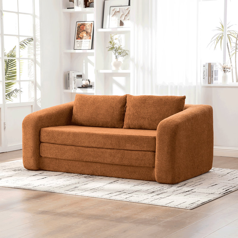 Canapé-lit escamotable pliable 71 po 2-en-1 avec accoudoirs et coussins de dossier, canapé-lit convertible en chenille désossée, avec matelas, lit de repos, canapé-lit pour salon, chambre, dortoir, orange