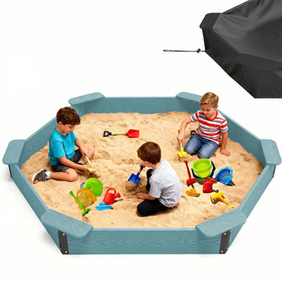 78.3" X 8.4" Hexagon Sandbox with Cover, HDPE Backyard Sand Pit with 6 Integrated Seats