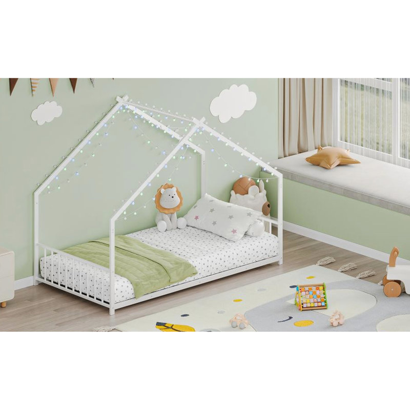 Twin Size 'S Bed Frame With Led Lighting, White Iron Roof - Style, 350 Lbs Support, Low To Floor Design Rooftop And Lights, Construction, Simple Assembly