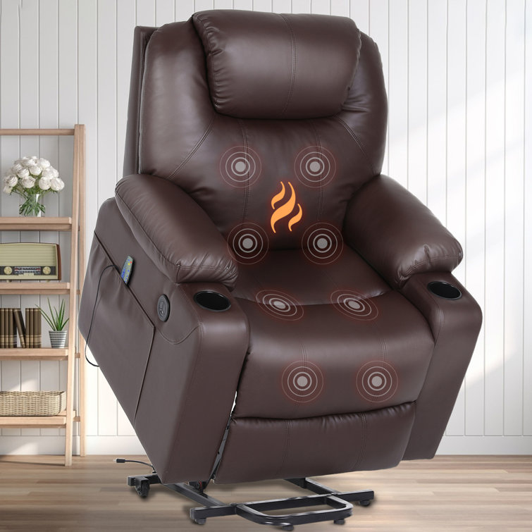 Vegan Leather Manual Swivel Rocker Glider Recliner Chair with Massage & Heat, Lumbar Pillow Included Ebern Designs Leather Type: Brown Faux Leather