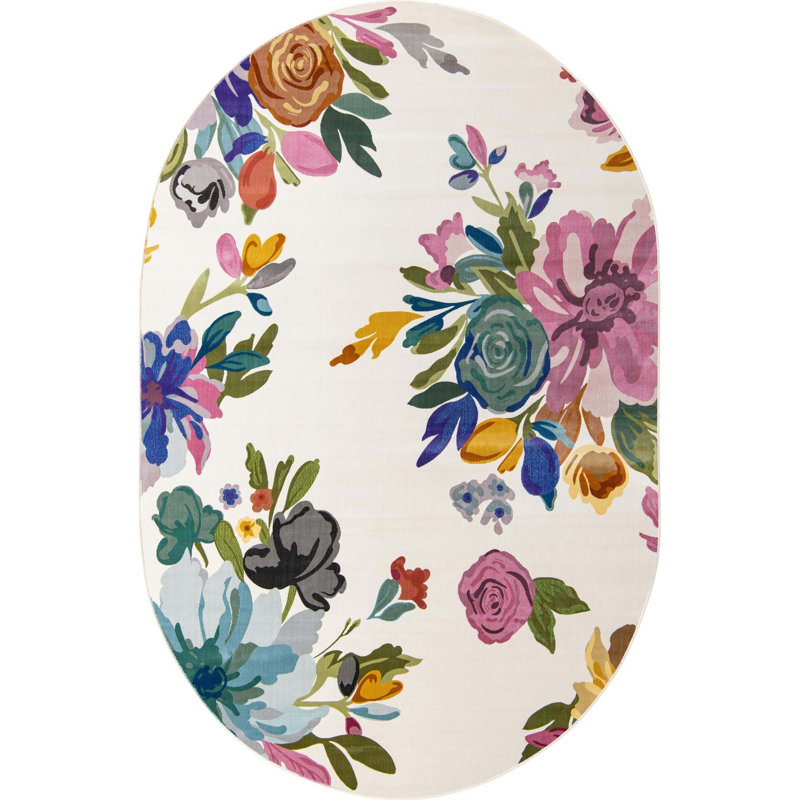 Tapis à motif floral vert / mauve / bleu / ivoire / gris / orange Aludra, Ovale 4 pi x 6 pi
