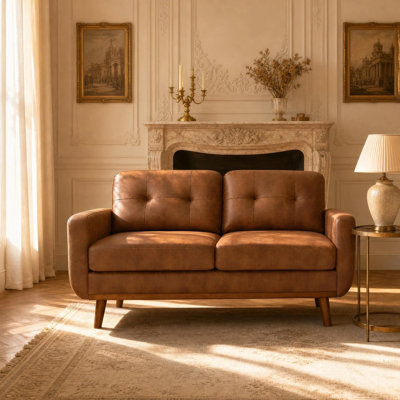 65" Wide Modern Minimalist Two-Seater Sofa, Mid-Century Modern Tufted Couch with Solid Wood Legs