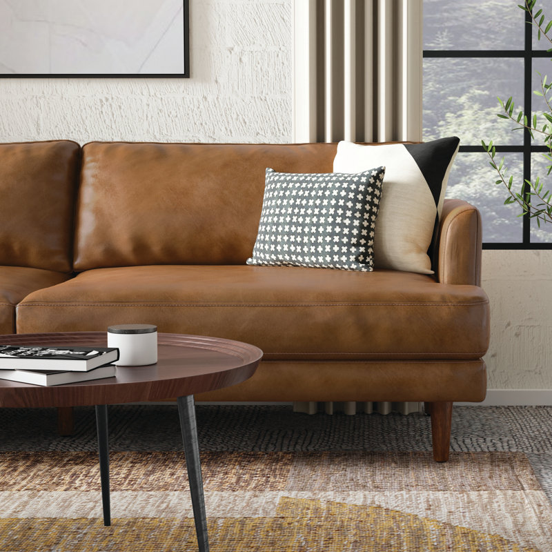 Canapé Mid-Century moderne en cuir véritable Livingston, L 90 po, Brun caramel 