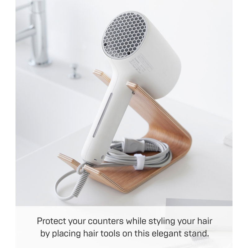 Yamazaki Home Rin Hair Dryer & Iron Holder, Hair Tool Organizer For Salon-Quality Blowout, Hairdryer-Flat Iron-Curling Iron Countertop Organizer - Wood