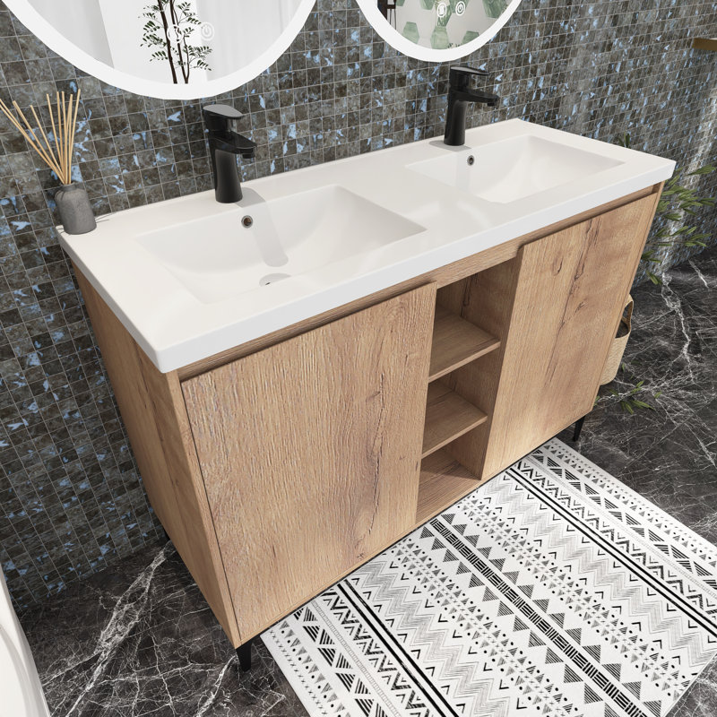 Meuble-lavabo autoportant à double cuve avec plateau en résine Joelyne