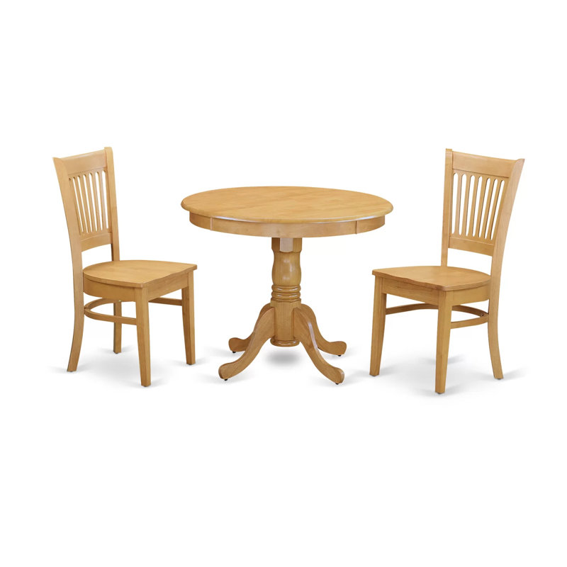 Ensemble de 3 tables de cuisine pour petits espaces comprenant une table de salle à manger ronde avec piédestal et 2 chaises rembourrées en tissu de lin, 36 x 36 pouces, chêne