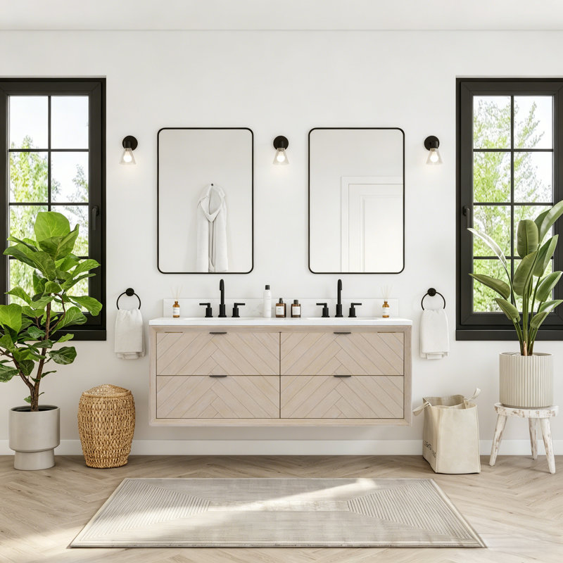 Meuble-lavabo flottant double 60 po avec dessus en pierre reconstituée 60 po, Chêne blanc délavé