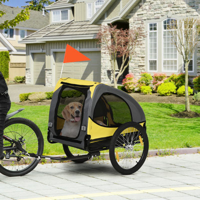Medium Pet Bike Carrier, Yellow - Steel Frame, Zipper Access & Flag Dog Wagon With Frame Quick Release Wheels For