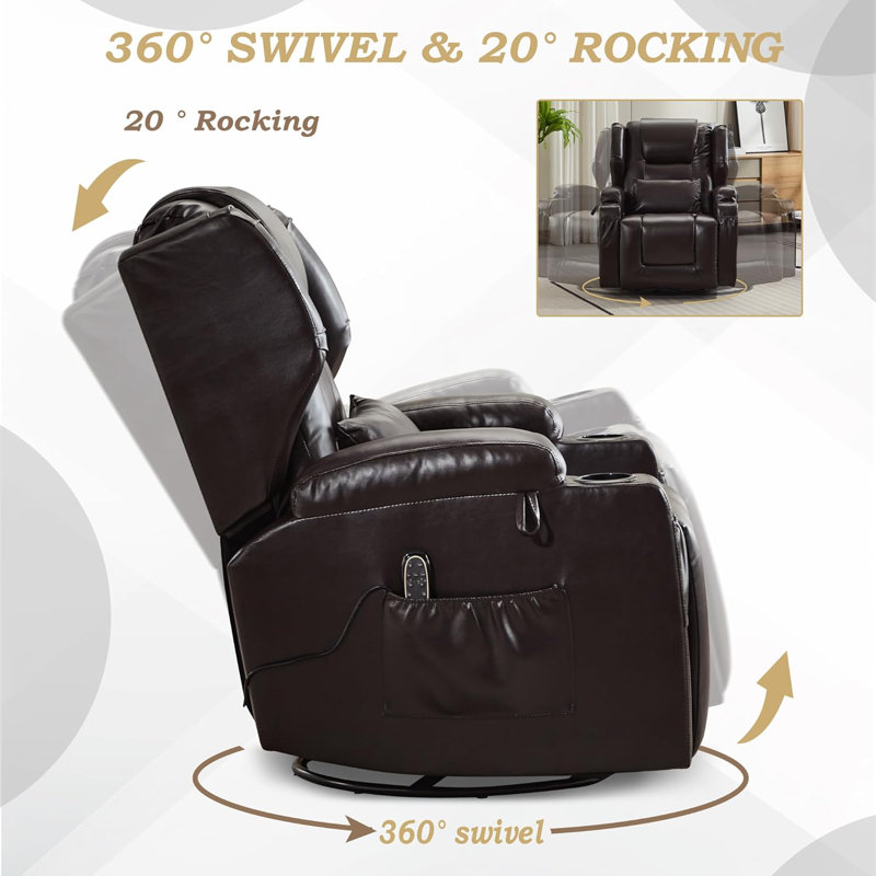 Brown Faux Leather Swivel Recliner with Massage and LED Lights