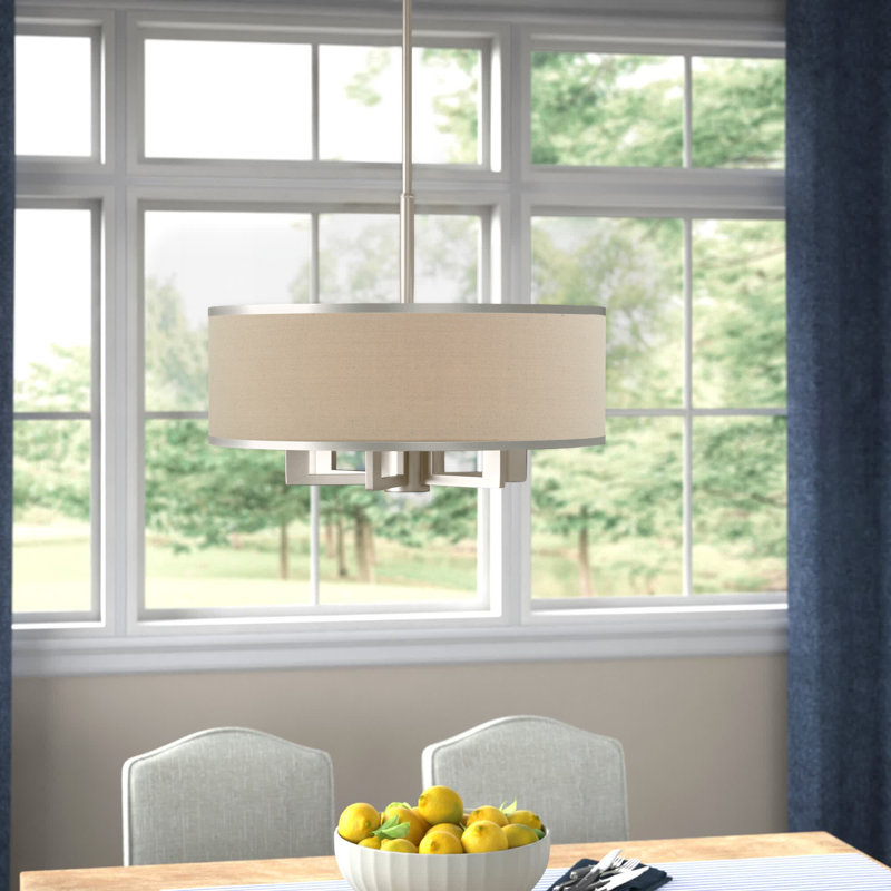 Lustre cylindrique à sept lumières avec abat-jours Berthine, Gris cendré, Nickel brossé