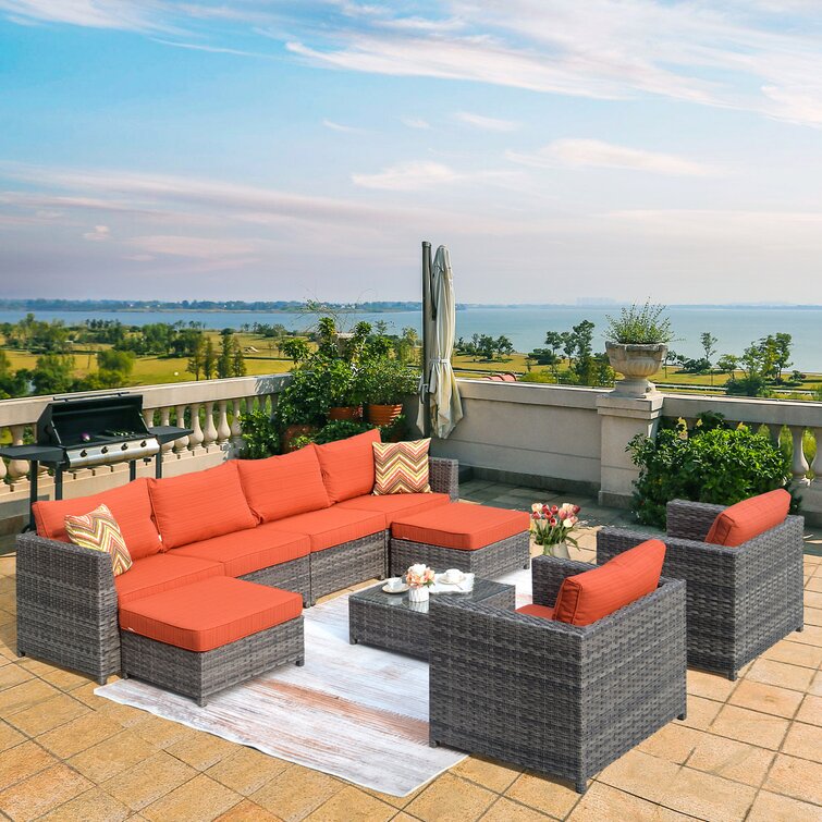 Grano 9 Piece Non-Assembly Required & Large Sized Patio Conversation Set Rattan  Sectional Seating Group With Cushions And Throw Pillows( incomplete box 2/2) 
