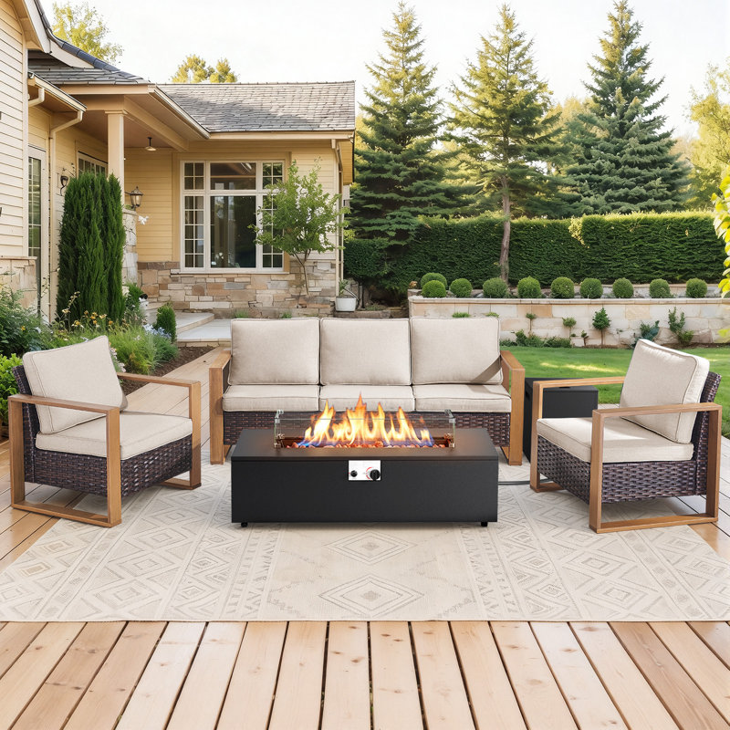Drazen 5 - Person Patio Furniture Set With Fire Pit Table, All-Weather Wicker Outdoor Conversation Set With Chair And Thick Cushions