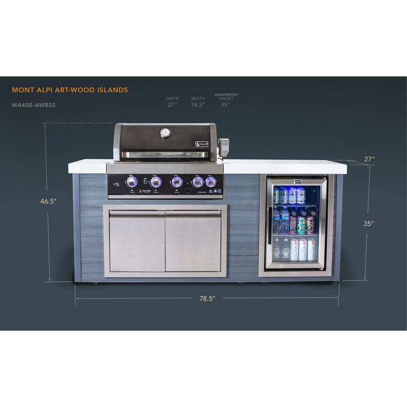 Mont Alpi Artwood 78"W x 47"H x 27"D Premium All Weather HDPE Outdoor Kitchen Island with Refrigerator + 32"W Black Stainless Steel 4-Burner Built-in BBQ Grill + Granite Countertops + Double Access Doors + Natural Gas Convertible + Lifetime Warranty