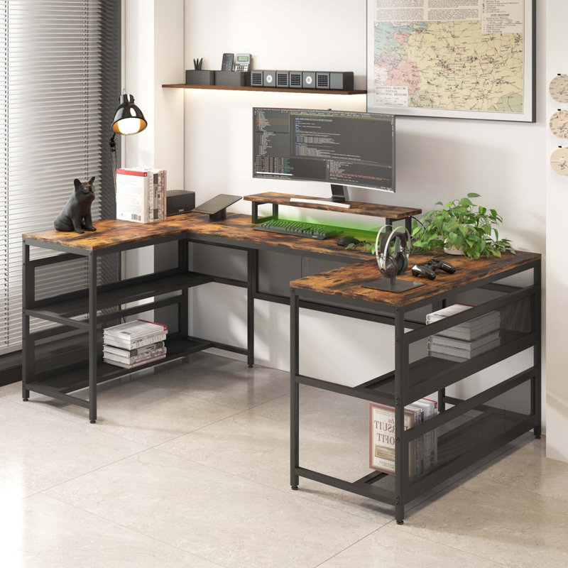 U Shaped Desk With Power Outlets & LED Strip, L Shaped Desk with Storage Shelf, Home Office Gaming Desk, Brown
