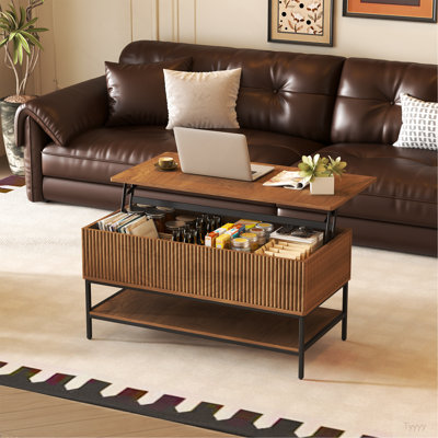 Table basse à plateau relevable rectangulaire de 39,4 pouces de style campagnard avec rangement caché et tablette inférieure, pieds en acier robustes, assemblage facile pour le salon, brun rustique
