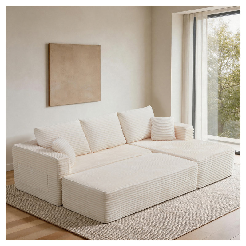 Canapé d'angle modulaire beige de 255 cm avec méridienne longue, assise profonde à ressorts ensachés, aucun assemblage requis, emballage compressé pour le salon
