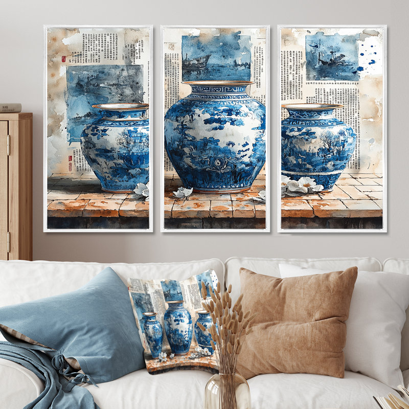Ensemble de décorations murales China Potery II, Toile encadrée flottée blanche, H 28 po x l 36 po x P 1 po