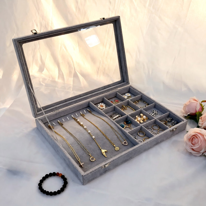 Boîte à bijoux avec verre transparent (gris)