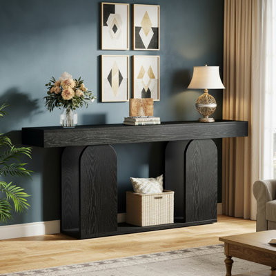 This Black Double-Layer Storage Wooden Table, With Its Farmhouse-Style Extra-Long Design, Can Be Used In The Living Room, Hallway, Or Foyer.