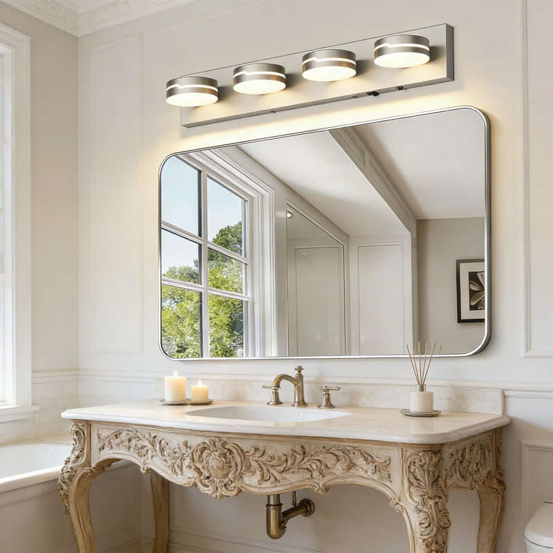 Luminaire de meuble-lavabo à détecteur de mouvement à DEL avec éclairage à intensité variable 3CCT, 4 têtes rotatives réglables, finition nickel brossé pour applique murale moderne de miroir de salle de bain