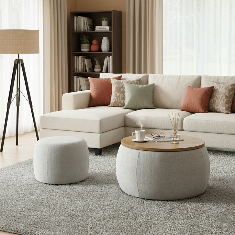 Repose-pieds de rangement rond de 25 po de largeur avec couvercle amovible, repose-pieds et table basse entièrement assemblés, gris
