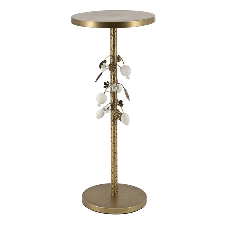 Table d'appoint ronde en fer 11,8 x 11,8 x 28,3 po avec accents floraux dorés et blancs et base en ciment