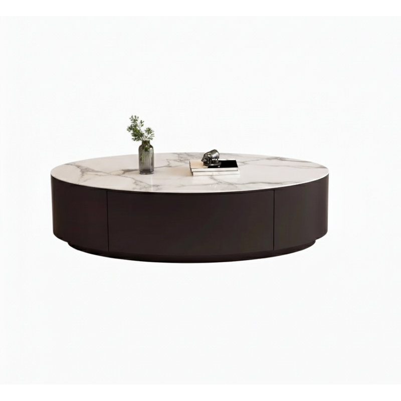 Modern 47" Oval Coffee Table With Storage, White Faux Marble Top & Black Metal Base, White