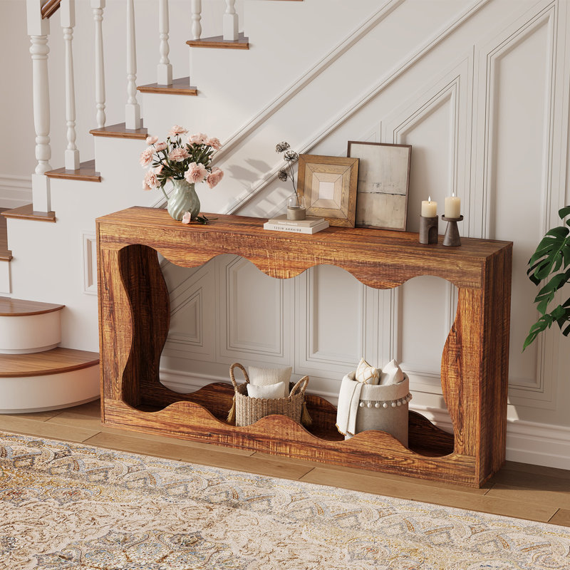 Rustic Wood Console Table with Wavy Open Frame, Unique Scalloped Edge Entryway Table, Narrow Sofa Table for Living Room, Hallway