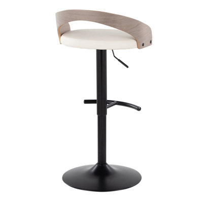 Tabouret de bar réglable en métal noir, bois gris clair et similicuir blanc avec repose-pieds arrondi en T - ensemble de 2