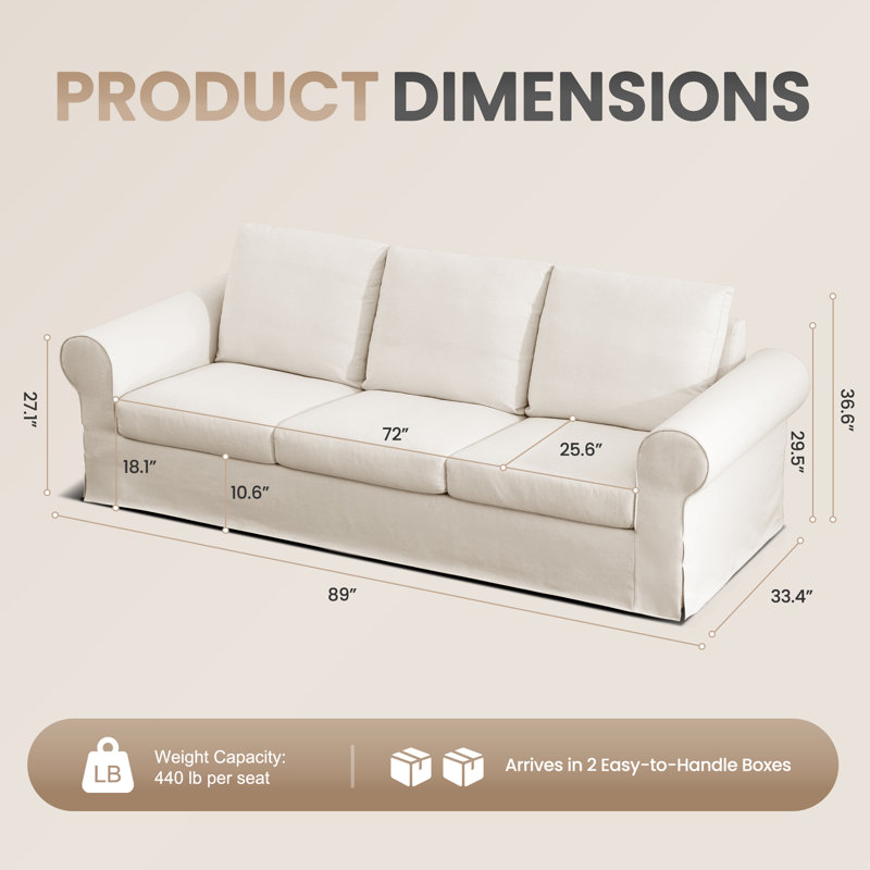 Canapé confortable de 89 po à 3 places pour le salon, canapé moelleux avec housse lavable, coussins de soutien et structure robuste
