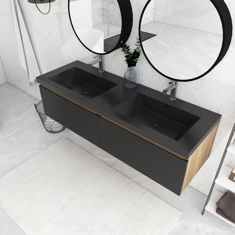 Meuble-lavabo mural 60 po en chêne mat avec plateau en résine intégré 60 po