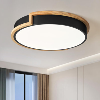 Modern LED Close To Ceiling Light, Round Flush Mount Ceiling Lighting Fixture, Matte White With Wood Accent, Minimalist Kitchen Light Fixtures For Bedroom, Entryway, Living Room