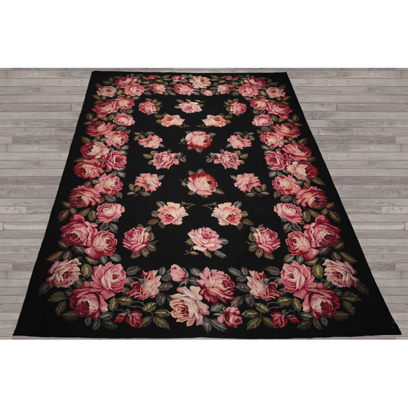 Tapis noir en laine tissé à la main 9 pi x 12 pi 6 po Asmara