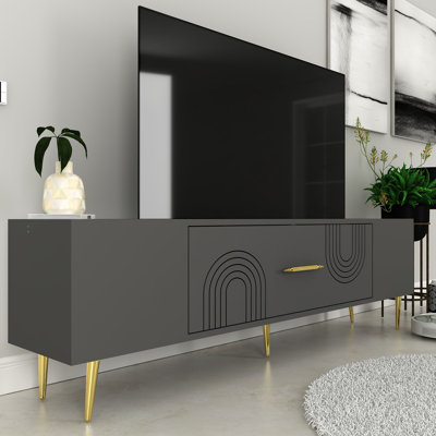Catena Modern TV Stand with Wall-Mount Option, Anthracite & Gold, 59.0 x 19.0 x 11.6 inches | 100% Melamine Coated Particle Board, Sturdy Geometric Design, Perfect for Stylish Living Rooms & Entertainment Spaces