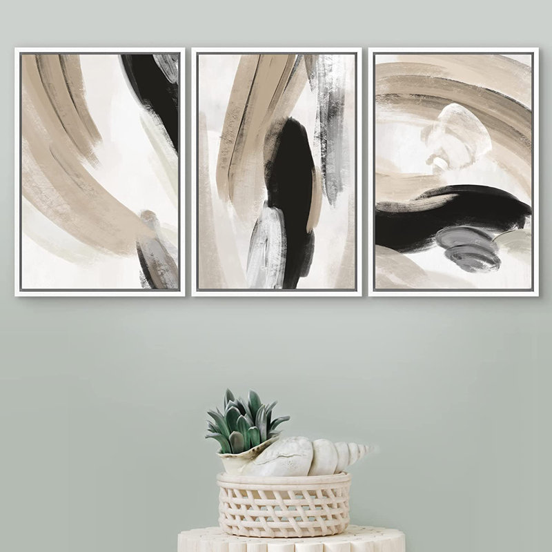 Ensemble de 3 peintures sur toile avec cadre flottant, H 36 po x l 72 po x P 1,5 po, Blanc