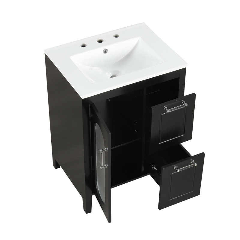 Meuble-lavabo 24 po avec lavabo, armoire en bois massif et bois aggloméré, 2 tiroirs, porte et tablette réglable - noir