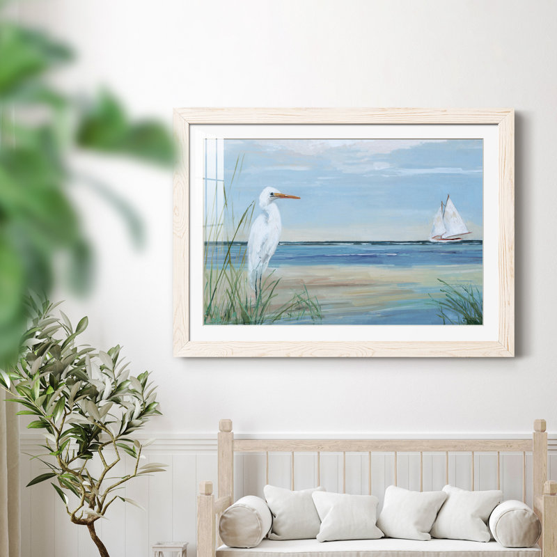 Summer Heron - peinture encadrée, H 31,5 po x l 23,5 po x P 1,5 po, Cadre blanc