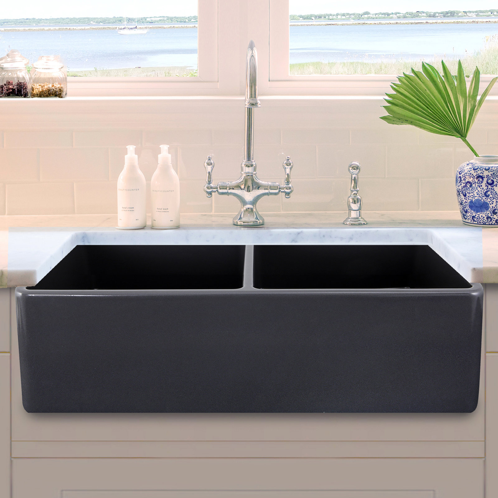 Marisol 33" Double Basin Farmhouse Sink, Bluff Gray