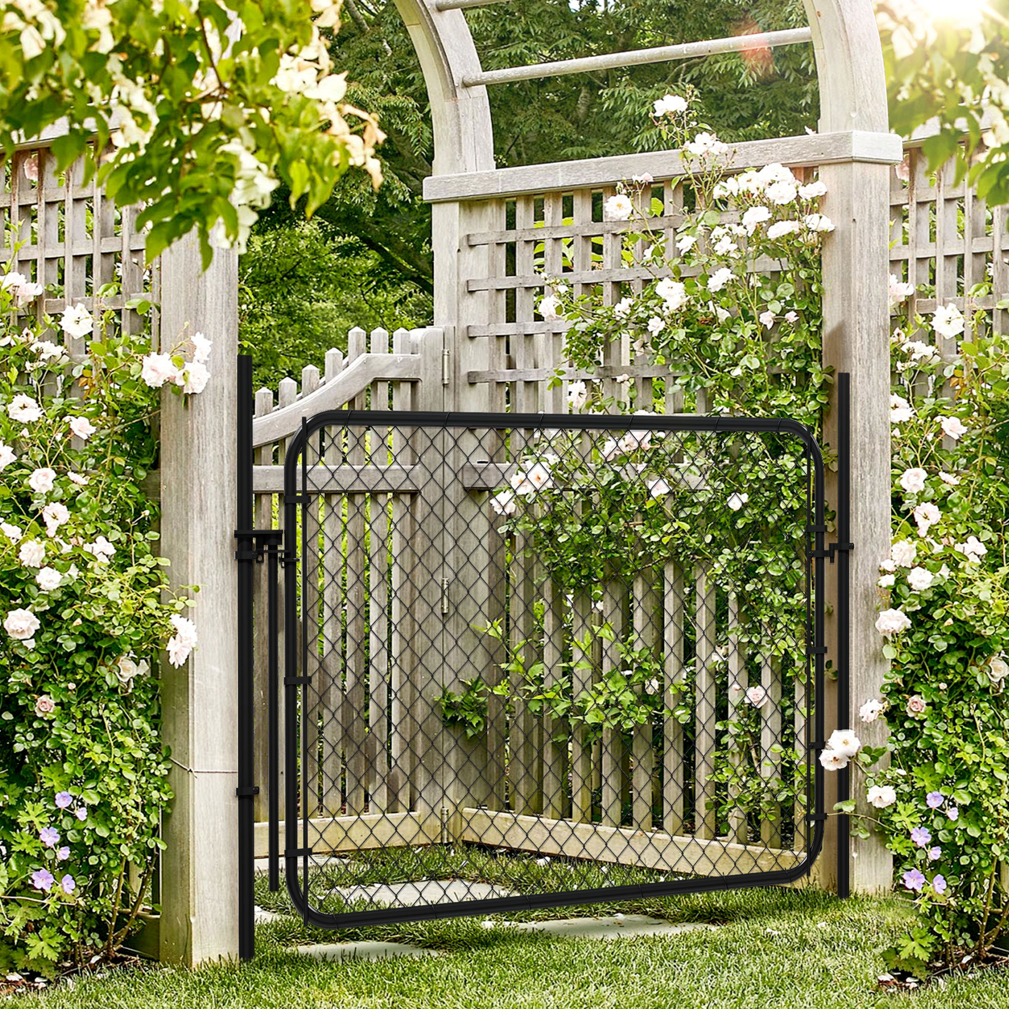 Hittite Adjustable Chain Link Fence Gate Kit, PVC Coated Anti-Rust Outdoor Garden Fence Gate, Heavy Duty Pedestrian Gate Walking Fence Gate for Yard,