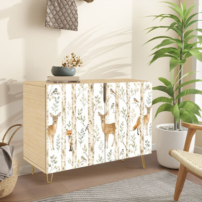 Buffet Buffet avec rangement Aquarelle animaux de la forêt, tissu sans couture, chevreuil, hibou, renard avec 2 portes pour le salon et la cuisine