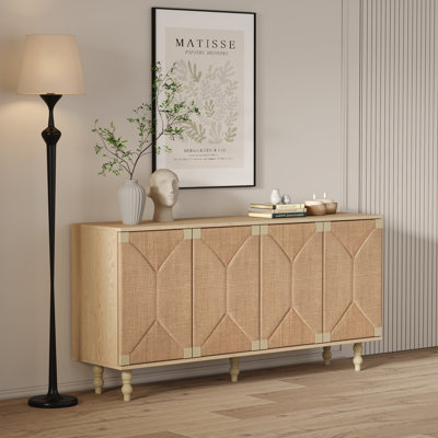Buffet en bois massif et MDF, style rustique naturel, portes en rotin tressé et jonc de mer, 150 cm (L) x 75 cm (H), 1 pièce, meuble télé avec rangement, 4 compartiments.