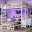 Lit superposé avec 2 bureaux, 6 tiroirs de rangement et 2 boîtes de rangement pour les jouets, petit lit capitaine en métal à DEL pour maximiser l'espace pour 2 enfants-1561635247