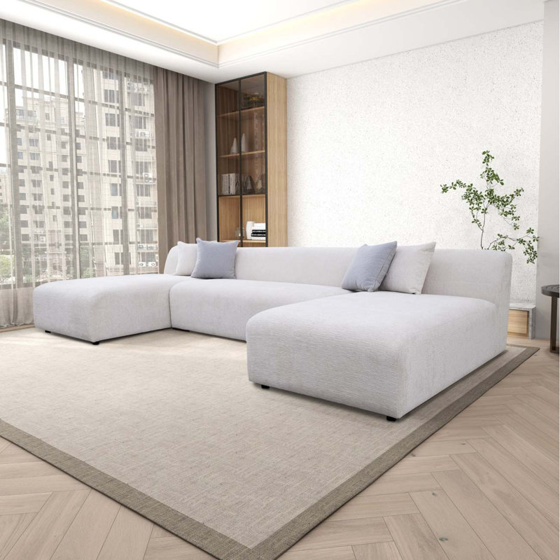 Canapé modulaire avec repose-pieds, Crème Boucle