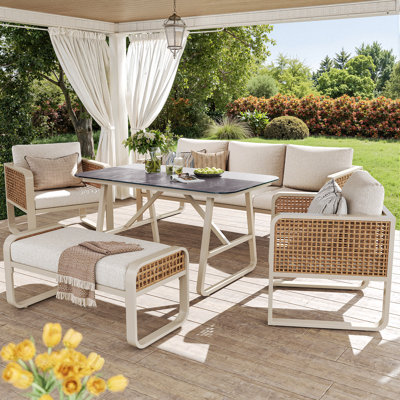Modular Pe Rattan Outdoor Sofa Set With Washable Cushions & Marble Table