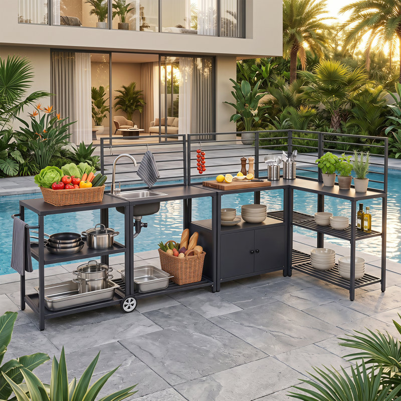 Ensemble d'îlot de cuisine 5 pièces en aluminium antirouille avec évier et armoires de terrasse modulaires