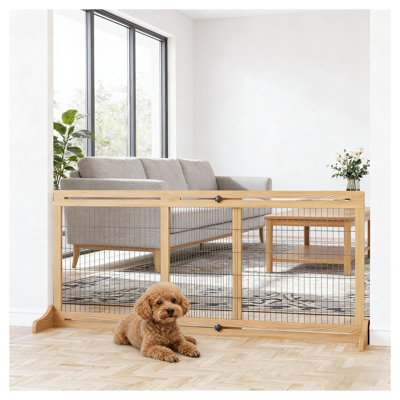 Freestanding Wooden Pet Gate with Steel Reinforcement, Wide Indoor Safety Barrier for Dogs and Cats