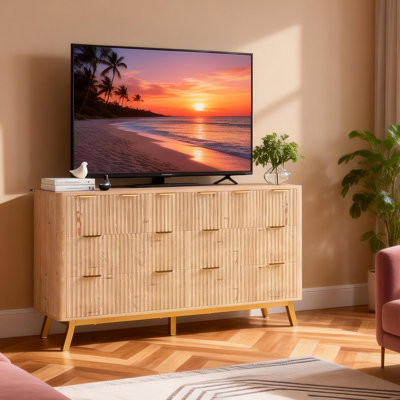 Commode 6 tiroirs, commode cannelée naturelle pour chambre à coucher, commode de rangement 53,93 po en chêne clair avec pieds