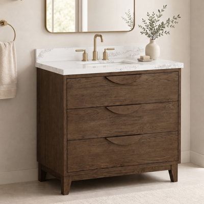 Edmond 36" Freestanding Bathroom Vanity with 1.5" Laminted Calacatta Phoenix Quartz Top & Sink, Solid Wood, Natural Teak, Soft-Close Drawers, Backsplash, Pre-Drilled, Adjustable Feet