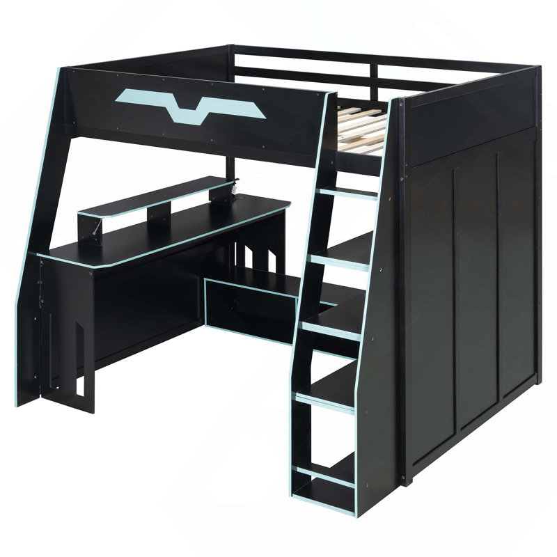 Lit mezzanine double en bois avec bureau, tablettes multiples et lumière RVB, table avec emplacement réglable, Blue