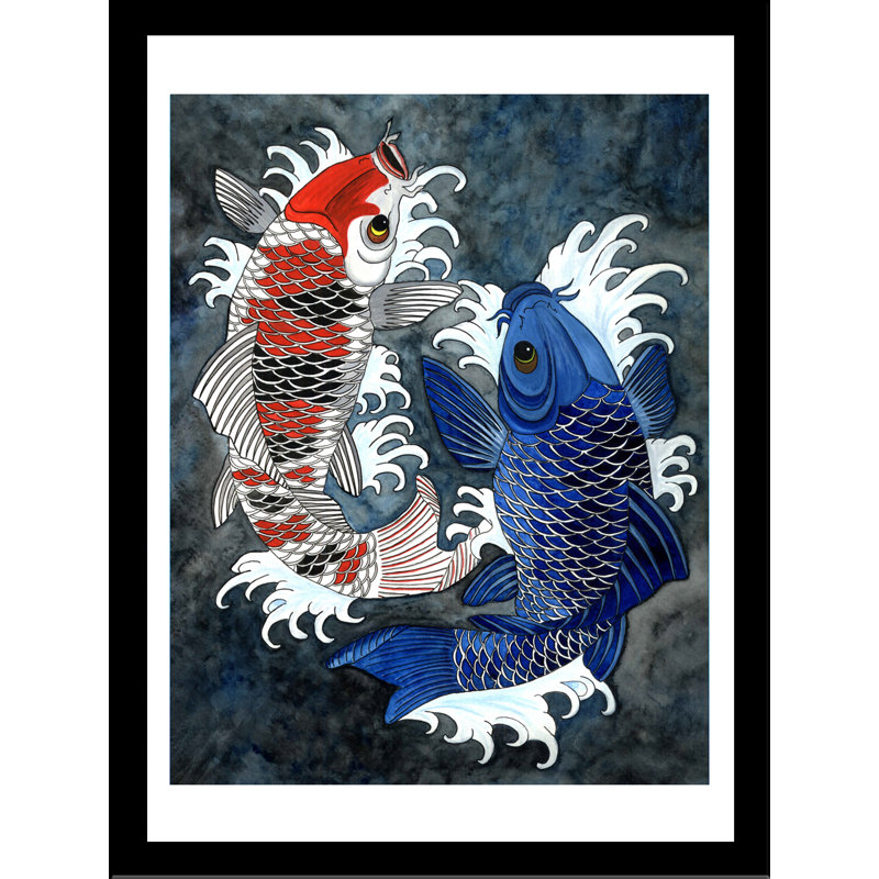 «Koi Fish», reproduction de peinture à l'aquarelle, H 24 po x l 18 po x P 1 po, Papier avec cadre noir